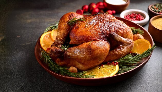 roasted whole chicken garnished with herbs and citrus