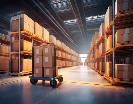 a warehouse scene featuring stacked boxes and a cart transporting cargo symbolizing logistics and efficiency