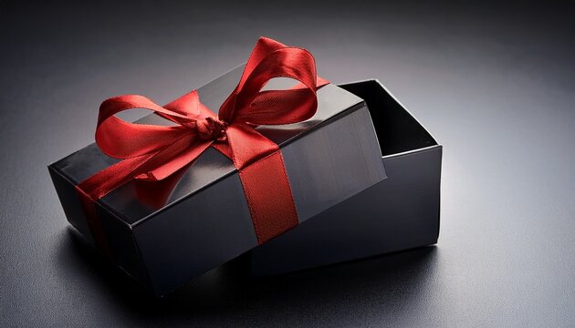 open black gift box with red ribbon