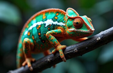 Obraz premium Chameleon on a mossy branch displays vibrant turquoise and orange colors in tropical habitat