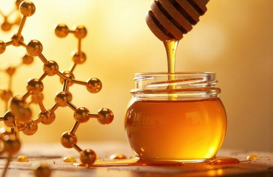 Honey dripping from a wooden dipper into a glass jar with a warm amber glow