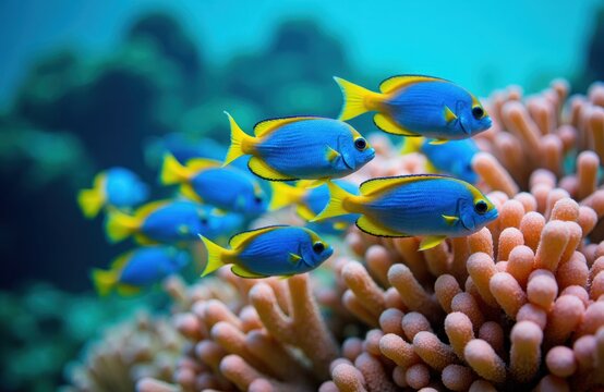 Blue damselfish glide around vibrant coral in a clear tropical reef scene