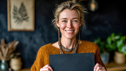 Smiling woman in cozy sweater holds a blank chalkboard, offering a personalized message or promotion in a warm, inviting setting.