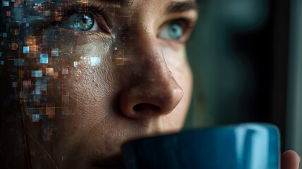 Contemplative woman sips beverage, digital data streams across her face, merging technology with human experience in a near future setting.