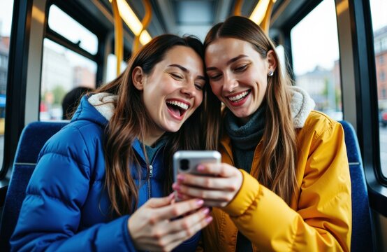 Two women on a bus share a joyful moment while looking at a smartphone