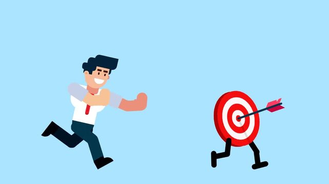 A businessman runs after a walking target with an arrow, symbolizing the pursuit of goals, achievement, success, or objectives, on a blue background.

