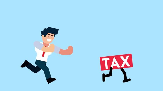 A businessman runs after a walking "TAX" sign, symbolizing tax pursuit, financial responsibility, or business taxation, on a blue background.

