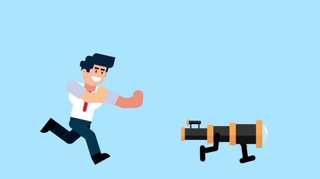 A businessman runs after a walking telescope, symbolizing vision, searching for opportunities, future planning, or exploration, on a blue background.

