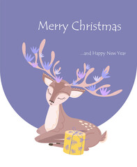 A small deer is sitting with a gift in the snow. Christmas card. Blue and purple flowers bloomed on the deer's antlers. Cute animal vector illustration, cute deer cartoon illustration