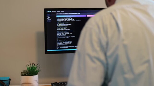 Middle Aged Man Vibe Coding Crypto Coin with Artificial Intelligence Large Language Model Tools - Custom IDE App for AI Code