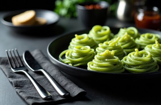Pesto pasta nests plated with basil sauce and cutlery on a dark table setting