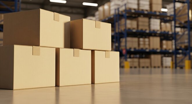 Pila de cajas de cart&oacute;n cerradas en el suelo de un almac&eacute;n log&iacute;stico moderno con estanter&iacute;as desenfocadas al fondo