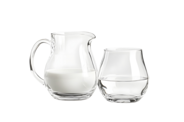 transparant Glass and jug with milk isolated on white background