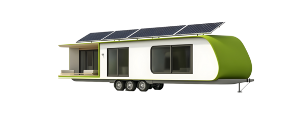 rendering 3D of modern green and white trailer house with solar panel technology isolated on white background