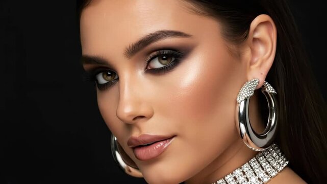 Elegant model with smoky eye makeup and sparkling jewelry in dramatic black background