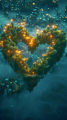 Fototapeta premium Aerial view of a futuristic city at night with a massive heart-shaped floating island covered in lush greenery and illuminated buildings. 