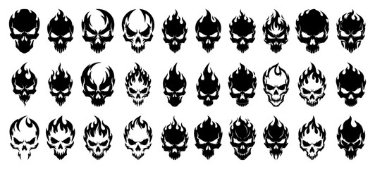 Set Of Flaming Skull Icons Vector Illustration Collection Of Aggressive Fire Heads And Burning Bones For Tattoo Or Biker Design