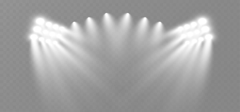 Realistic white stage spotlights shining from both sides, creating soft beams and a bright illuminated center on a transparent background. Perfect for show, presentation, or event design.
