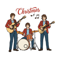 Fototapeta premium A Christmas band playing guitars and drums during a festive performance.