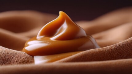 Creamy caramel sauce delicately swirled on soft brown fabric, emphasizing rich texture and warm color tones with a captivating visual appeal for food styling
