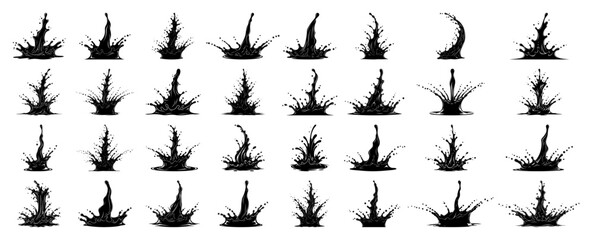 Large set of water splash silhouettes and liquid drop crowns suitable for ink or milk splatter designs