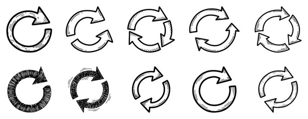 Set of hand drawn recycle and refresh arrows featuring circular loop and reload symbols in sketch style © Logan