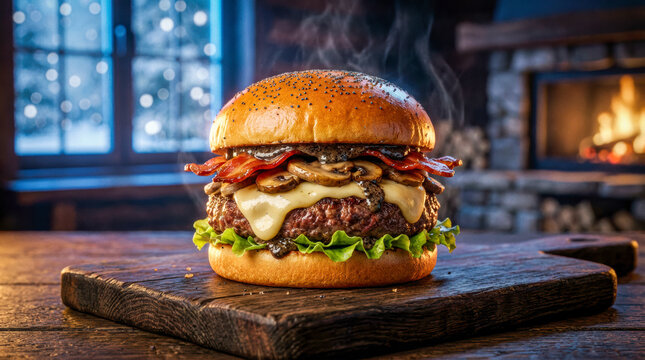 Ultra-realistic burger advertising shot featuring a truffle mushroom gourmet burger on a dark wooden board, warm–cold cinematic lighting, winter blue background, falling snow bokeh, premium restaurant