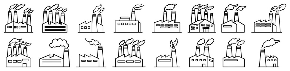 Factory and industrial building line icons set featuring manufacturing plants power stations and refineries with smoking chimneys
