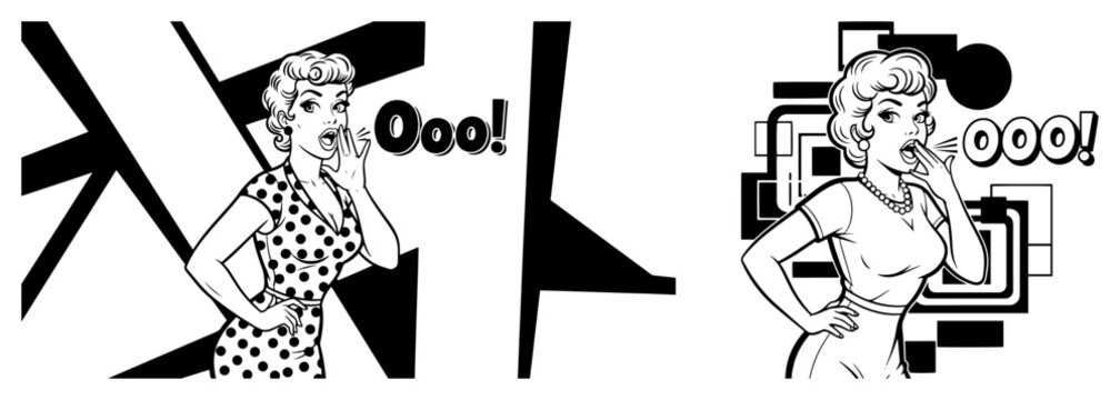 Surprised Pop Art Woman Vector Illustration Retro Comic Style Lady Shouting And Whispering Ooo In Black And White