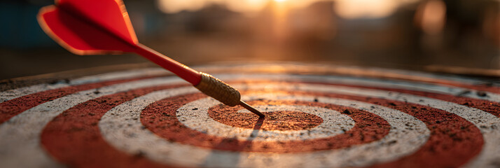 Close up red dart arrow hitting target center dartboard on sunset background. Business targeting and focus concept