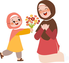 Kid give flower to mom