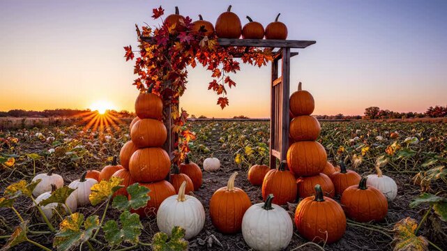 Pumpkin Patch Archway At Sunset With Autumn Leaves