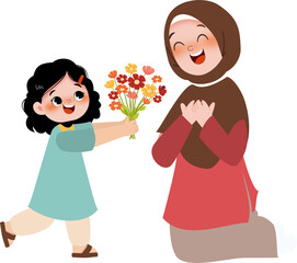 Kid give flowers to mother