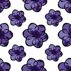 Seamless pattern of purple abstract flowers in decorative modern style on white background. Ideal for textiles, wallpaper, packaging, branding, printing and creative digital projects.