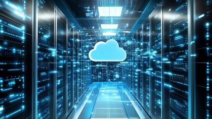 Secure cloud data storage with modern server room infrastructure, perfect for IT solutions and advanced technology applications in a vibrant business setting