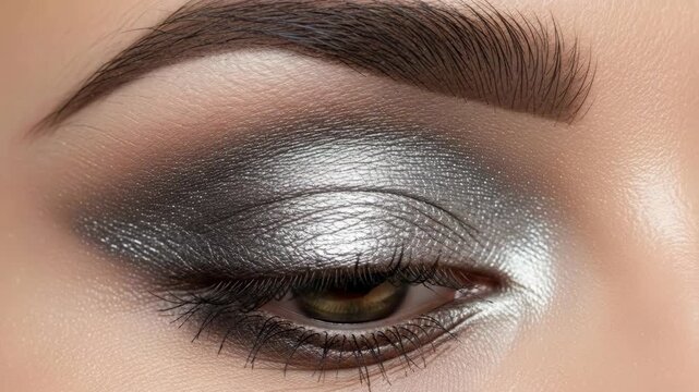 Mesmerizing metallic eye makeup application captured in closeup sequence