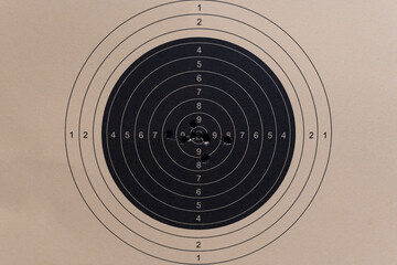 Close-up View of a Paper Firing Target with Multiple Bullet Holes Concentrated Near the Center Bullseye, Indicating High Marksmanship and Precision Shooting Practice.