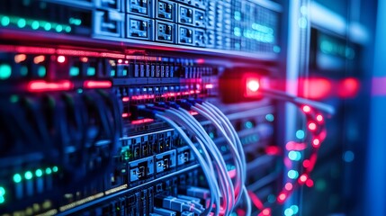 Dynamic server room with vibrant lights powering global data networks and advanced cybersecurity, perfect for technology and business applications