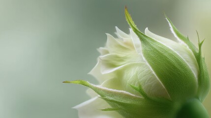 Obraz premium Delicate Green Rosebud with Elegant Petals Surrounded by Soft Focus Background, Symbolizing New Beginnings and Nature's Beauty in Close-Up Photography