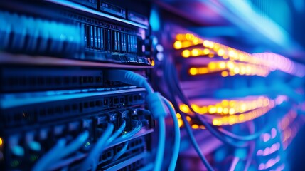 Powerful data servers glow with digital information streams for high tech business solutions and secure data storage in a modern network center