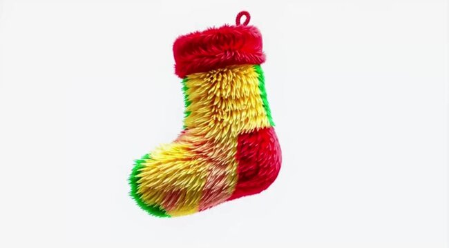 Ek fluffy colorful Christmas stocking slowly rotate ho raha hai, soft lighting, white background, cinematic lookSanta Claus ka hand ek rainbow furry Christmas stocking ko fireplace par latka raha hai,