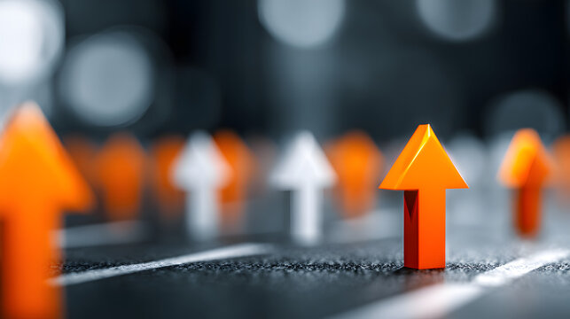 Orange arrows stand out amongst white arrows, symbolizing leadership and exceeding expectations in a business setting.