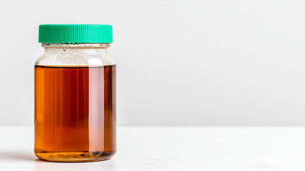 A glass bottle with amber liquid and a green cap. Medical or chemical sample in a vial for laboratory analysis on a white background with copy space