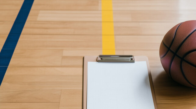 Basketball and a clipboard with blank paper on a wooden court floor. Sports coaching and strategy concept with copy space