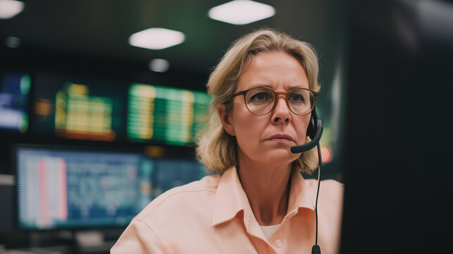 Focused professional woman with a headset working in a dark control room. Female operator monitoring data on computer screens. Technical support or surveillance specialist at her workstation - Powered by Adobe