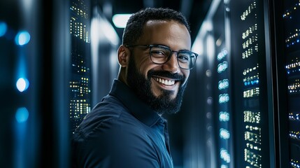 Confident IT professional smiling in a modern data center, showcasing reliable cloud computing and cybersecurity solutions for your business success