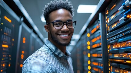 Smiling IT professional manages cutting-edge server room technology and data solutions, ensuring seamless network operations for global business clients