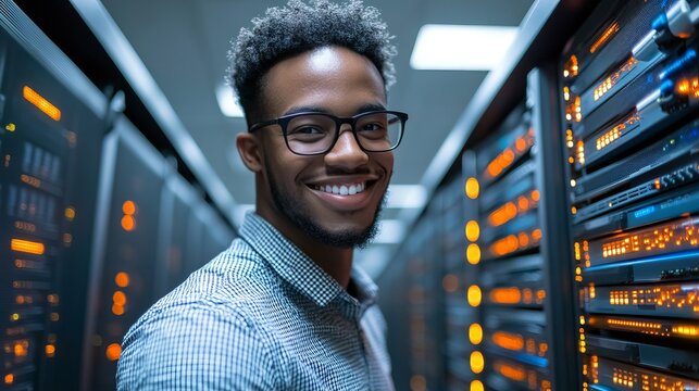 Smiling IT professional manages cutting-edge server room technology and data solutions, ensuring seamless network operations for global business clients - Powered by Adobe