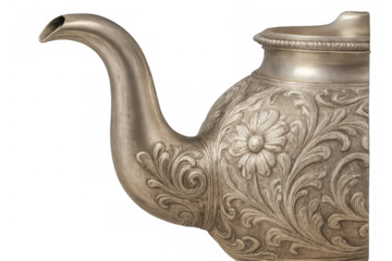 Ornate antique metal teapot with intricate floral embossed pattern, vintage silver kettle, transparent background