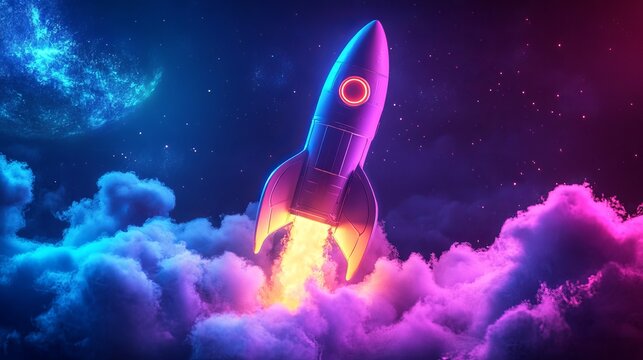 Stunning rocket launch with vibrant neon colors soaring through cosmic clouds, a symbol of innovation and future technology in space exploration - Powered by Adobe